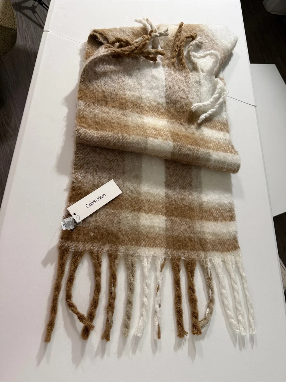 Calvin Klein Cream & Brown Plaid Fringe Throw Scarf 74 X17 inches